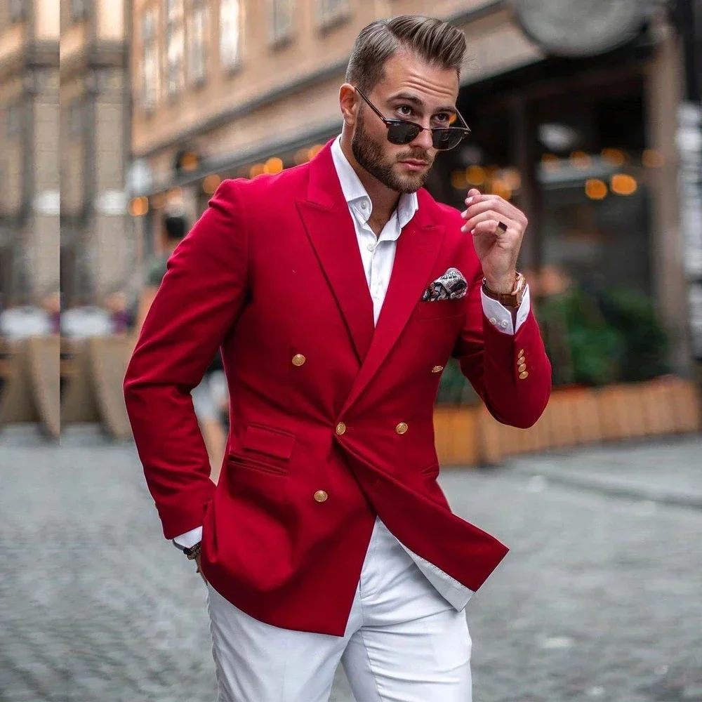 Mens Fashion Blazer - Red Jacket White Pant Double Breasted