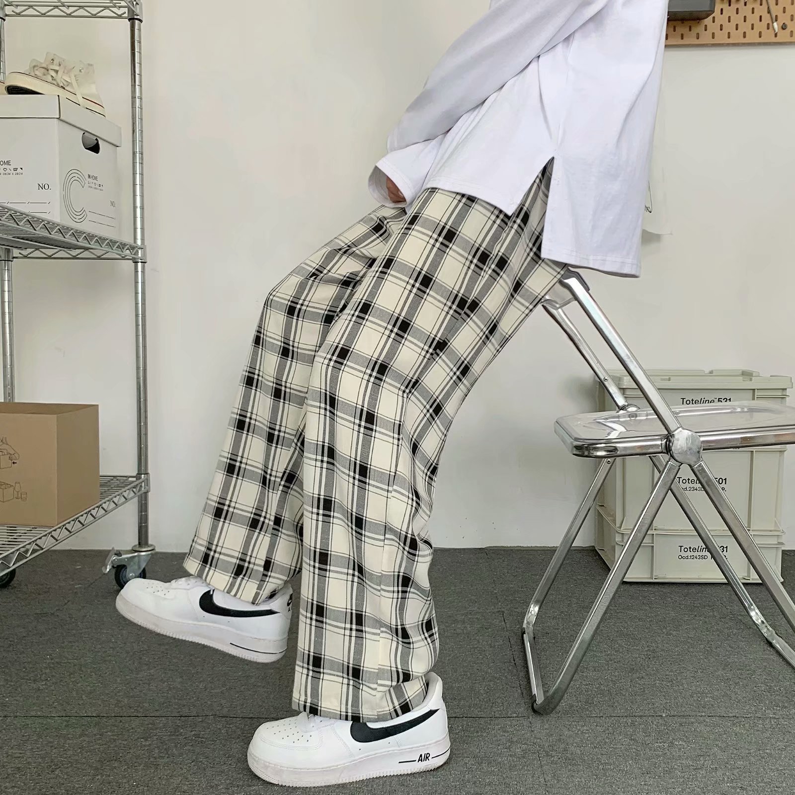 Men'S Fashion Trousers - Men Plaid Pants Korean Style Loose